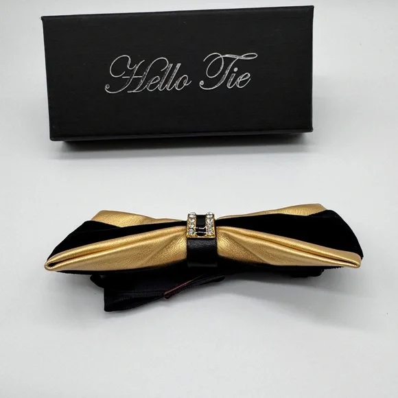 Men's PU Leather Bow Tie With Black & Gold Hardware With Crystal Stones - Picture 2 of 11